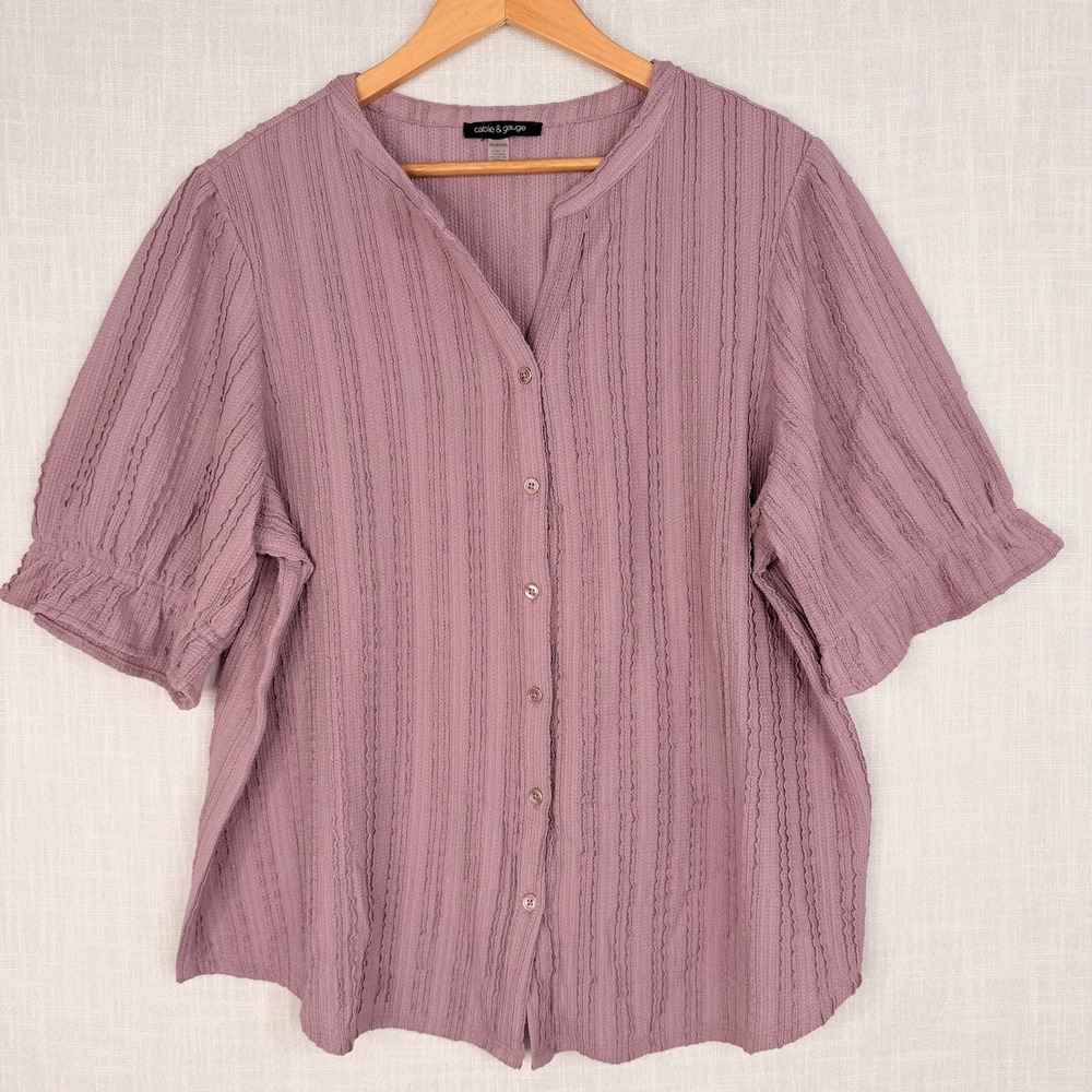 Cable & Gauge Women's Textured Puff Sleeve Button Front Blouse Mauve Pink 2XL - Picture 2 of 16